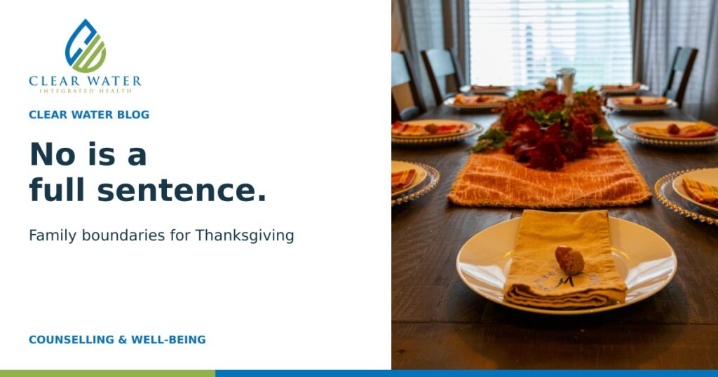 A dining table set with autumn decorations and place settings. Clear Water graphic: No is a full sentence.